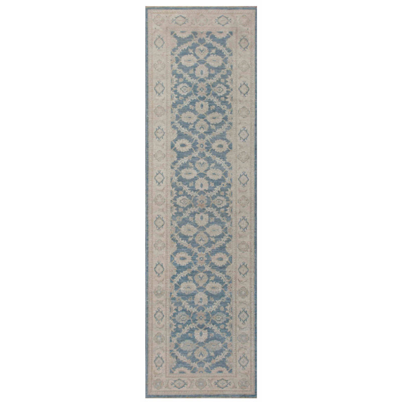 Tapis de couloir unique en laine noué à la main des années 2010 de 3 pi x 9 pi beige / bleu Denver