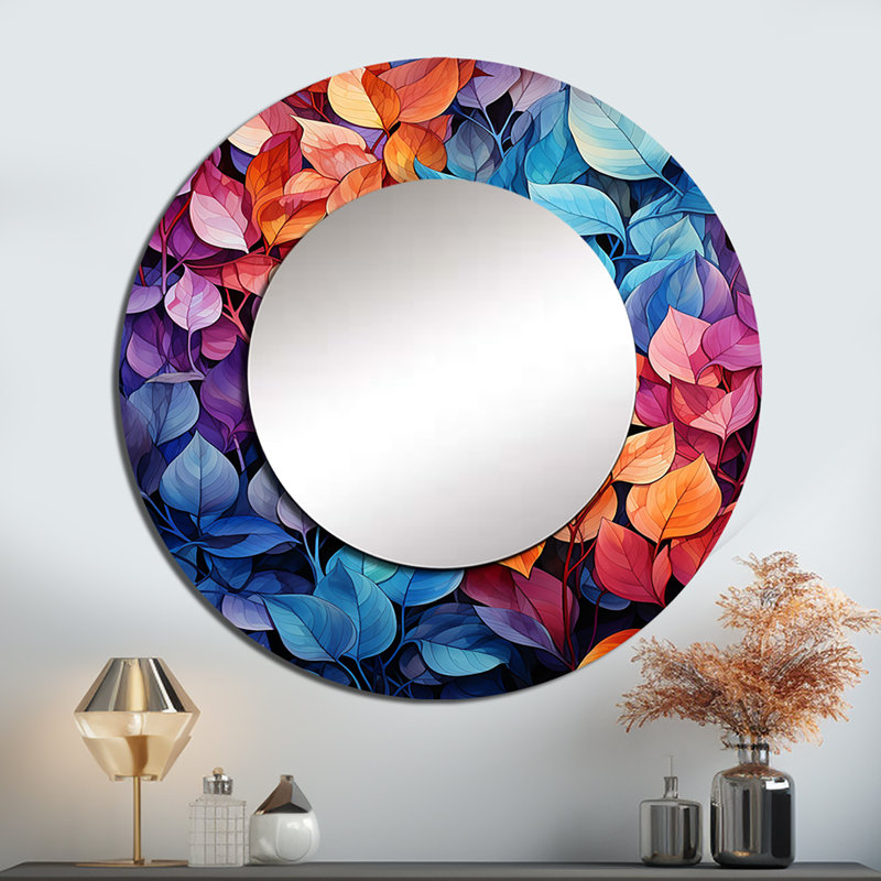 Coloré feuille de rêve - grand miroir de feuilles, décor de miroir mural rond traditionnel unique, impression d'art en métal