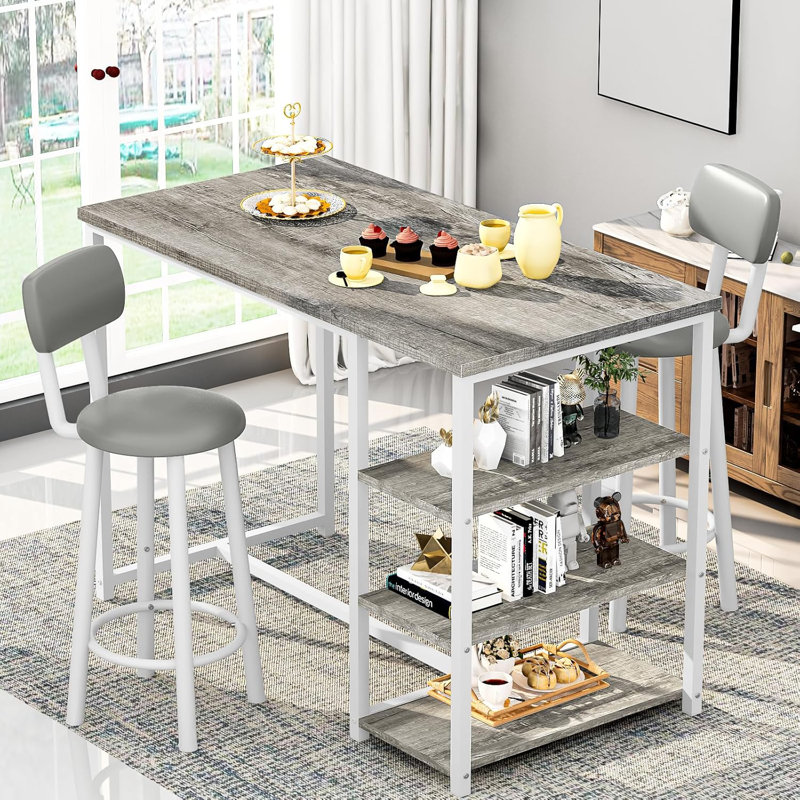 Ensemble de table de salle à manger pour 2, ensemble de 3 tables de bar et chaises, table de cuisine avec 3 tablettes de rangement, 2 chaises rembourrées avec dossier et repose-pieds pour appartement, petit-déjeuner, bar, îlot de cuisine