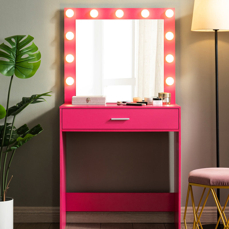 Table de coiffeuse avec miroir et lumières, tiroir de base, 3 modes d'éclairage, bureau de chambre à coucher rose, modes de tiroir profonds, luminosité réglable, chic
