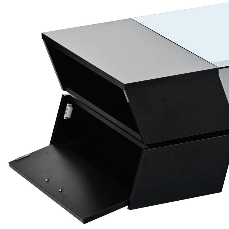 Coffee Table with Open Shelves and Cabinets, Geometric Style Cocktail Table , White, Black, Black