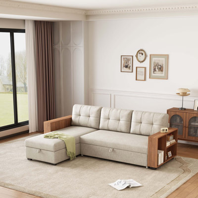 Canapé modulaire rembourré escamotable avec méridienne de rangement, canapé d'angle convertible, main courante en bois beige
