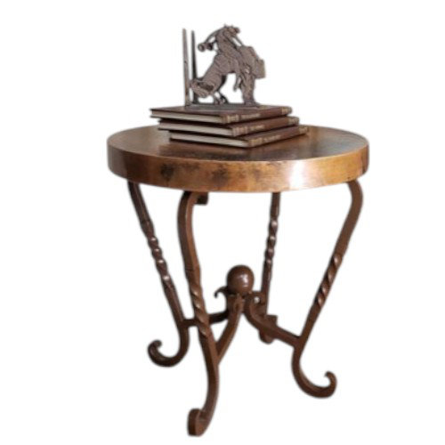 24" Round Natural Hand-hammered Copper Top Side Table: Rustic Wrought Iron Base