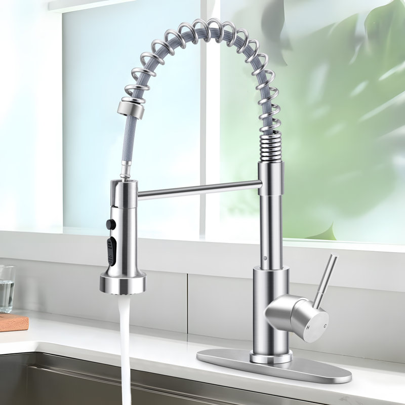 Wilmall Kitchen Faucet with Pull Down Sprayer & Deck Plate, Commercial Single-Handle Spring Sink Faucet for Laundry, RV, Wet Bar, Farmhouse