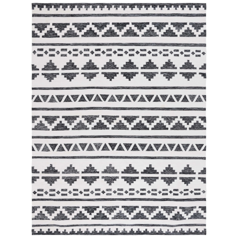 Black and Ivory Geometric Flat Woven Synthetic Area Rug, 8' x 10'