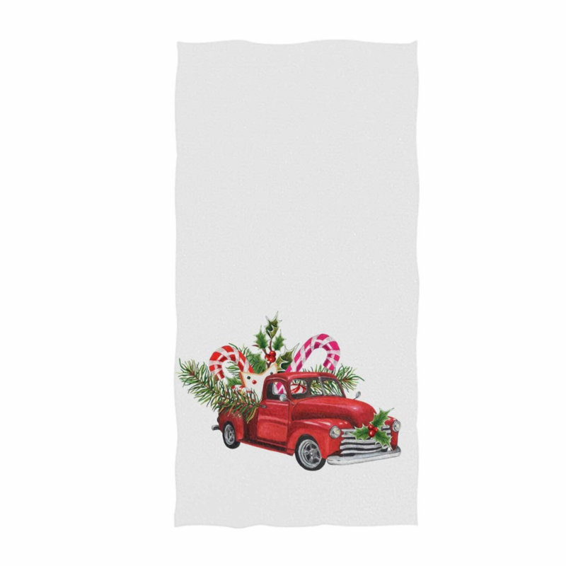 Festive JoyRide Towel: Red Truck with Sweets & Holly, 16x30 Multipurpose for Bathroom, Hotel, Gym, Spa