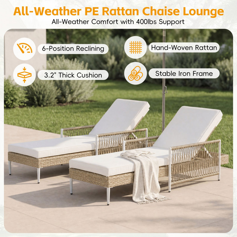 Ensemble de 2 chaises longues d'extérieur, chaises longues de patio avec accoudoirs et coussins pour la piscine