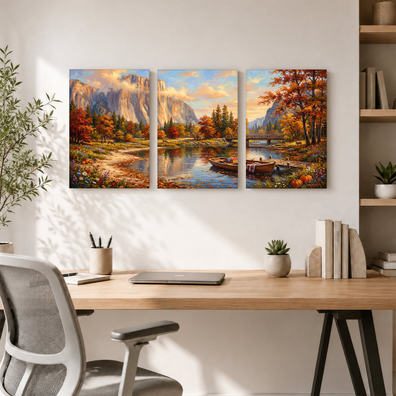 "Autumn Mountain River" avec bateau en bois et pont, ensemble de 3 toiles, H 24 po x l 16 po x 3 pièces