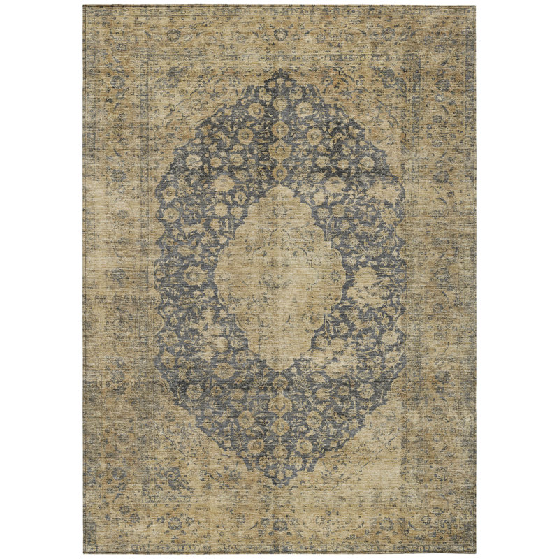 3' X 5' Charcoal And Beige Medallion Washable Indoor Outdoor Area Rug