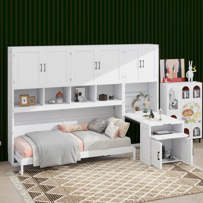 Lit escamotable simple avec placard, tiroirs et bureau