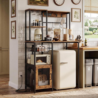 Mini Fridge Stand with Storage Shelf & Cabinet, Bakers Rack with Small Refrigerator Insert Storage Space, Industrial Kitchen Microwave Stand with Power Outlet, Coffee Bar for Living Room