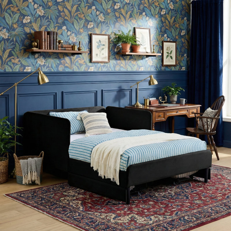 Lit de jour 78 po en velours avec 2 tiroirs de rangement - Base de lit plateforme pleine grandeur - Noir, Lit double, Noir