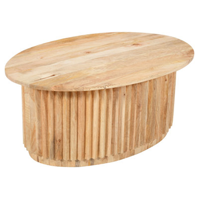 Muna Coffee Table, 36 Inch Oval Top, Handcrafted Mango Wood, Reeded Base With Hidden Storage, Natural Brown