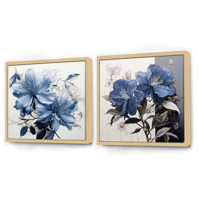 Bouquet de rhododendrons en pleine floraison - ensemble de 2 collages rhododendrons carrés, Cadre flottant brun