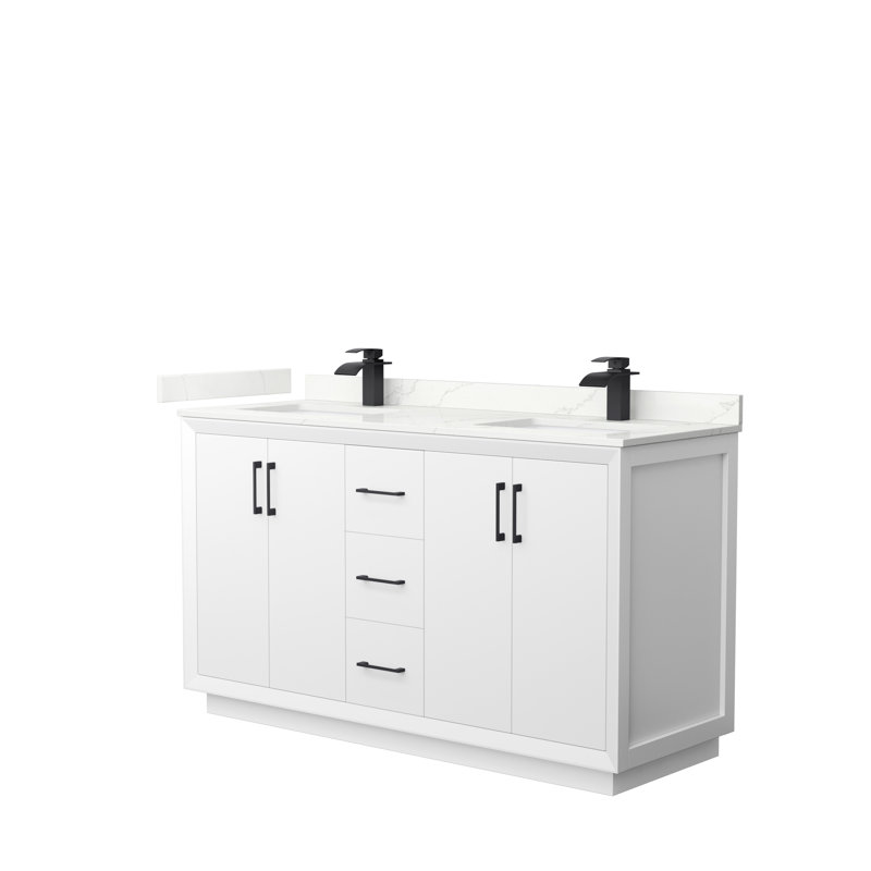 Strada 60'' W Double Vanity, Giotto Quartz, White, Brushed Nickel