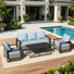 Ensemble de mobilier d'extérieur en osier 4 pièces, ensemble de conversation en rotin avec table basse et coussins épais pour porche de jardin