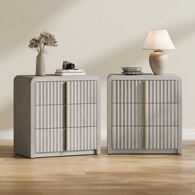 Nightstand with Charging Station Set of 2, 23.6" Modern Fluted Wood Bedside Table with 3 Drawers, Curved Profile Design, Minimalist Bedroom Side Table with Solid Metal Handles