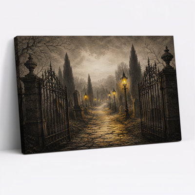 Toile ouverte sur un chemin pavé brumeux et halloween