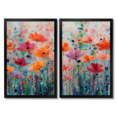 «Vibrant Meadows On Summer Daisies», art mural encadré marguerites, impression sur toile florale orange 2 pièces