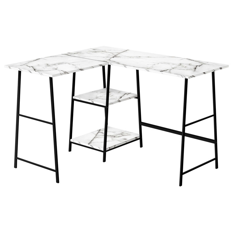 Bureau d'écriture en L Home Office, stratifié en marbre blanc, métal noir, avec rangement fonctionnel Bureau d'ordinateur en stratifié de marbre