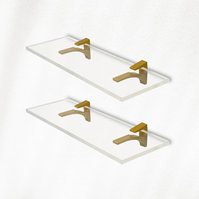 Tablettes transparentes transparentes murales transparentes de 14,5 pouces et 3/4 po d'épaisseur pour chambre à coucher, salon, salle de bain, cuisine - avec vis et supports en laiton, paquet de 2
