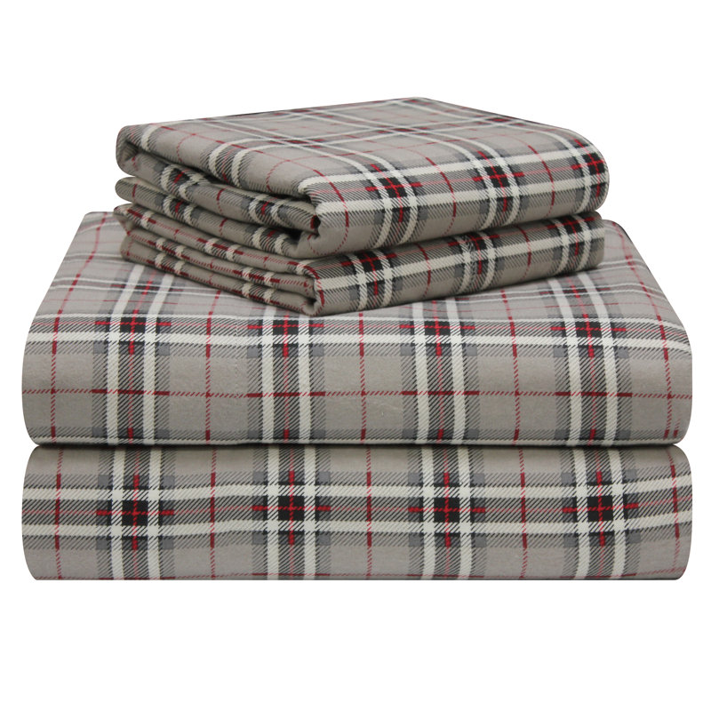 Ensemble de draps 100% flanelle de coton Pointehaven, Ensemble de draps pour lit très grand californien, Gris, Derby rouge
