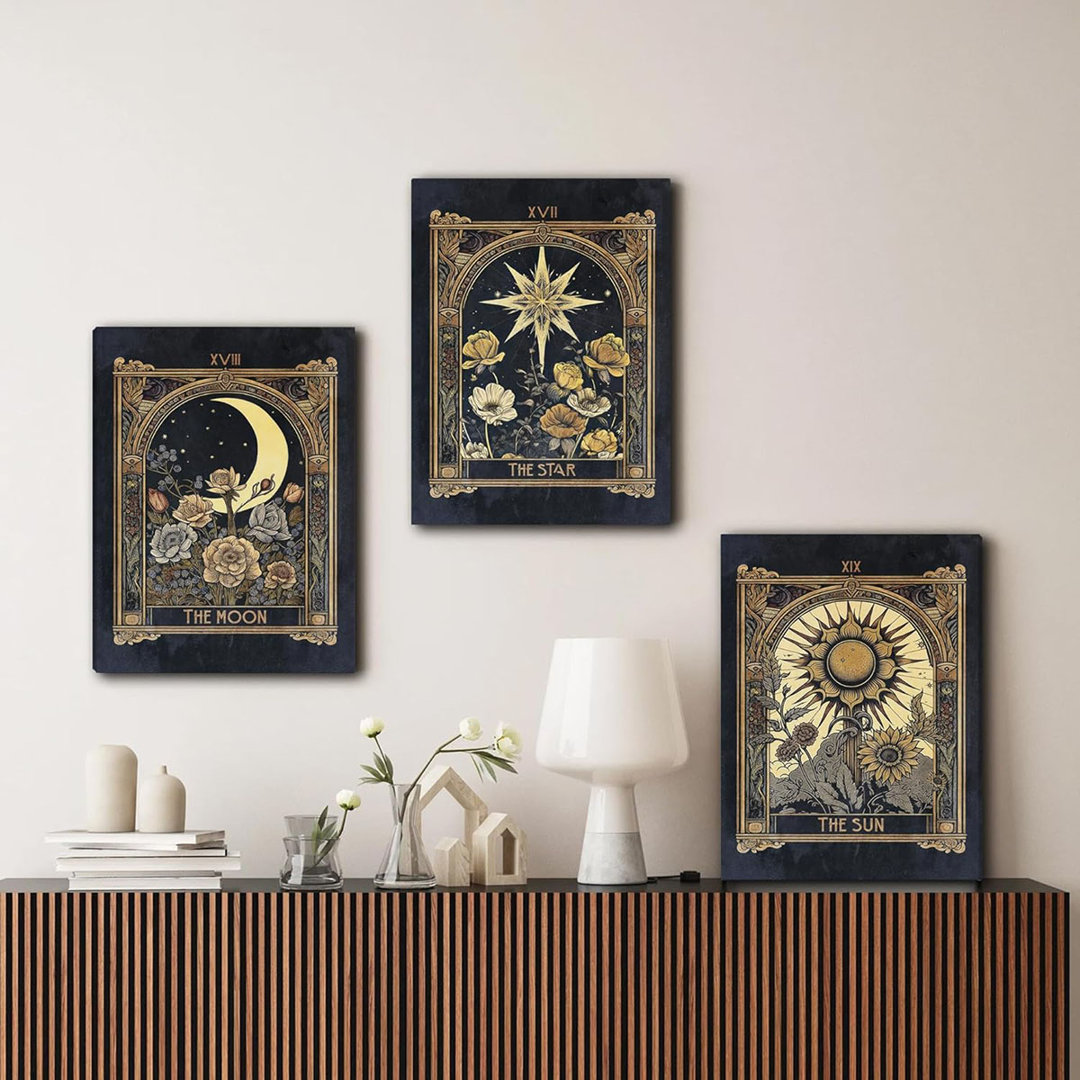 Sun Moon Star Tarot Card Canvas Wall Art Set Of 3, Vintage Gothic Celestial Pictures Prints, Mystical Astrology Paintings, Witchy Dark Academia Wall D
