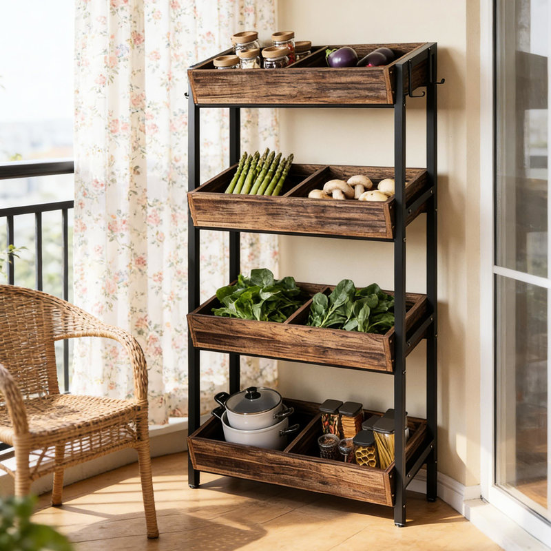 Étagère de rangement pour fruits et légumes en bois stable avec rangement pour le vin, empilable à 4 niveaux, conception inclinée pour une visibilité optimale, cadre en métal robuste, support idéal pour les magasins et les magasins, support empilable, facile