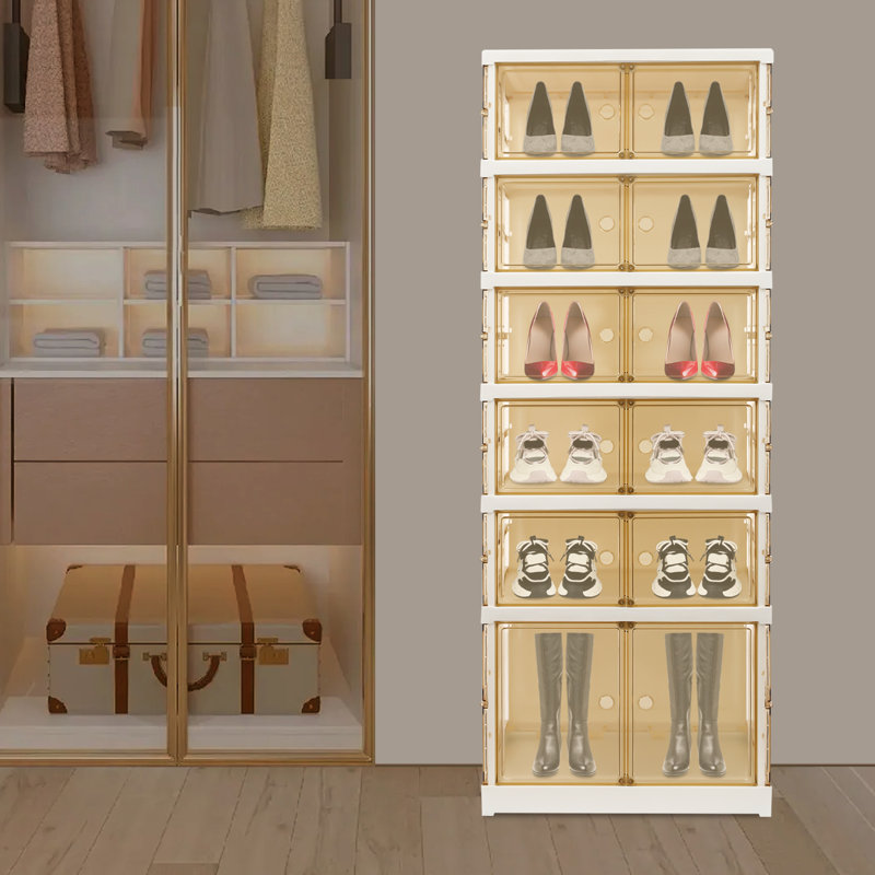 Foldable Rectangular Freestanding Shoe Cabinet With Wheels, White
