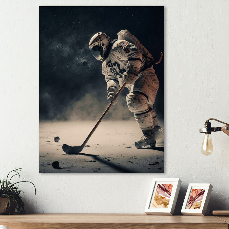 Spaceman jouant au hockey - Impression sur toile, H 20 po x l 12 po x P 1 po, Toile tendue