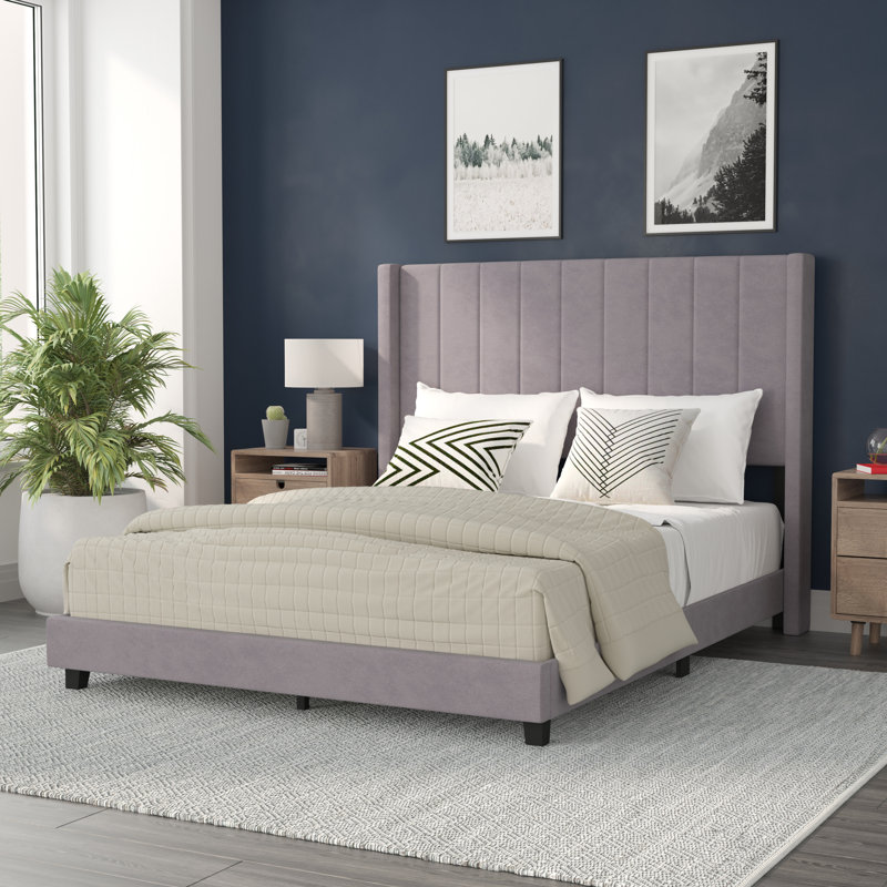 Gray Velvet Upholstered Queen Platform Bed with Headboard