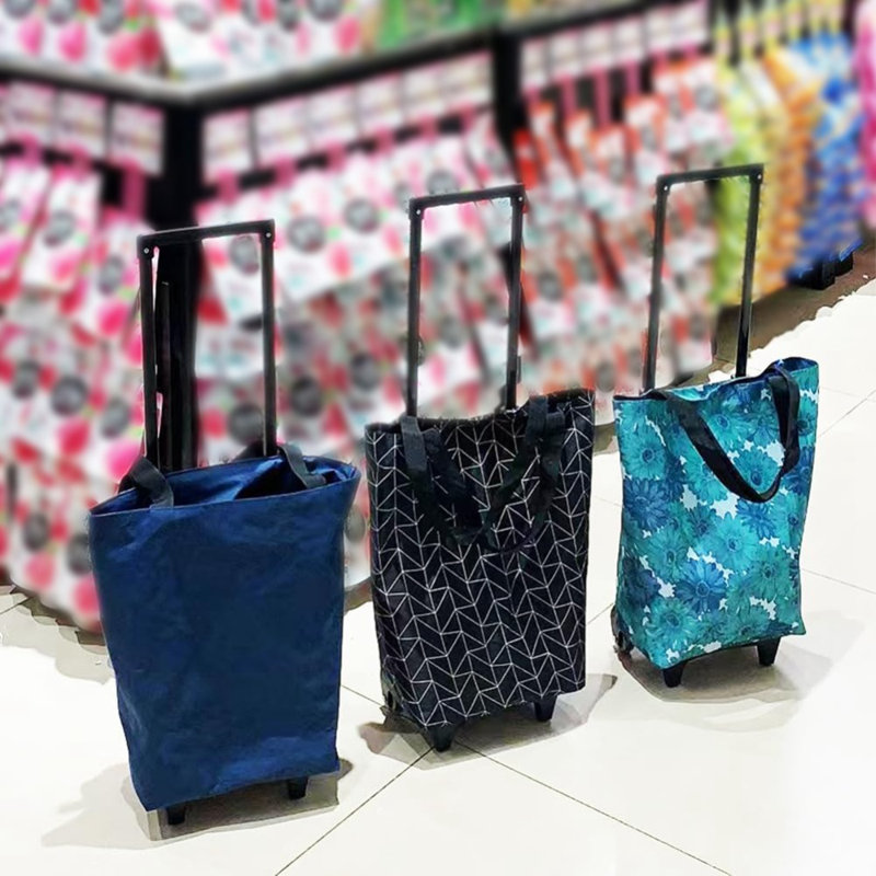 Petit chariot de magasinage pliable pour l'épicerie, conception pliable légère avec roues, chariot compact portable, Bleu