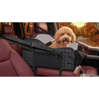 Center console pet seat designed for small dogs; specifically sized for full-size trucks; black finish.