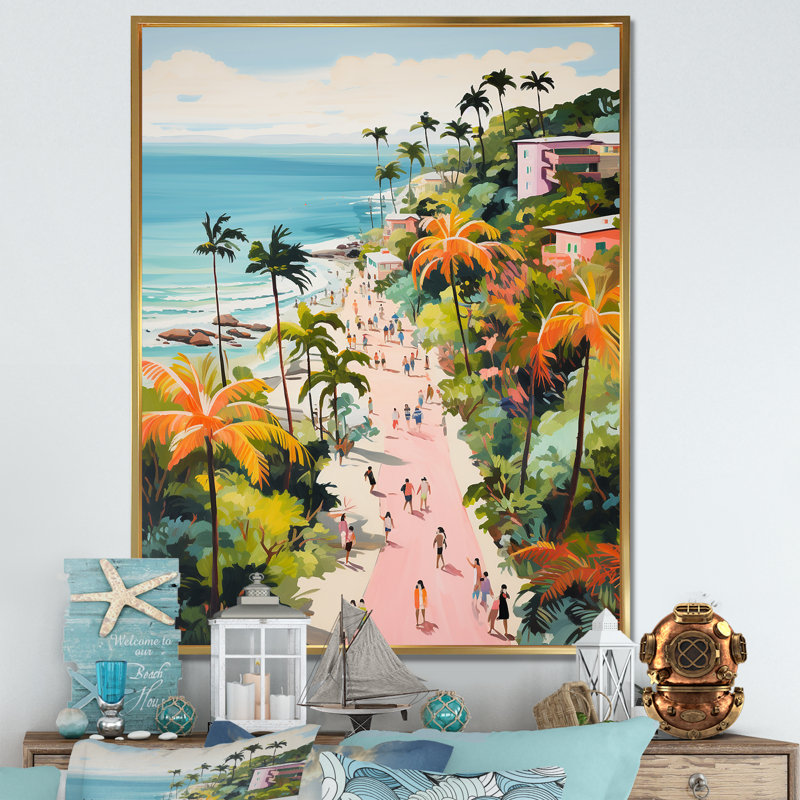 Scène de plage côtière, paradis en couleur pastel II - art de la plage côtière, Cadre flottant doré