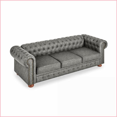 3-Seat Beige Linen Chesterfield Sofa – Sturdy Frame &amp; Bronze Nails for Living Room | Beige | Linen | Rolled Arms