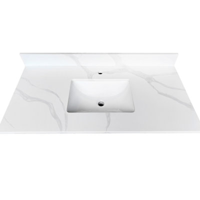 Dessus de meuble-lavabo à quartz de 43 pouces avec lavabo encastré au centre, 4 dosserets hauts, 1 trou de robinet pré-percé, teinture et chaleur, design moderne américain pour la salle de bain, lavabo central, un