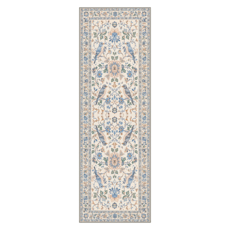 Tapis d'intérieur beige / bleu à motif floral lavable à la machine Aura, Tapis de couloir 2 pi 3 po x 6 pi