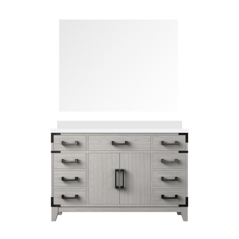Meuble-lavabo simple en chêne blanc l 48 po x P 22 po, comptoir en quartz blanc et miroir de 46 po