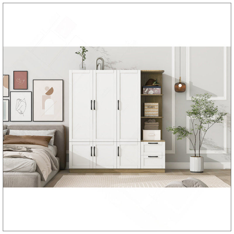 Armoire de rangement à 3 portes en bois pour chambre à coucher avec tablettes et 2 tiroirs, tablettes de rangement latérales