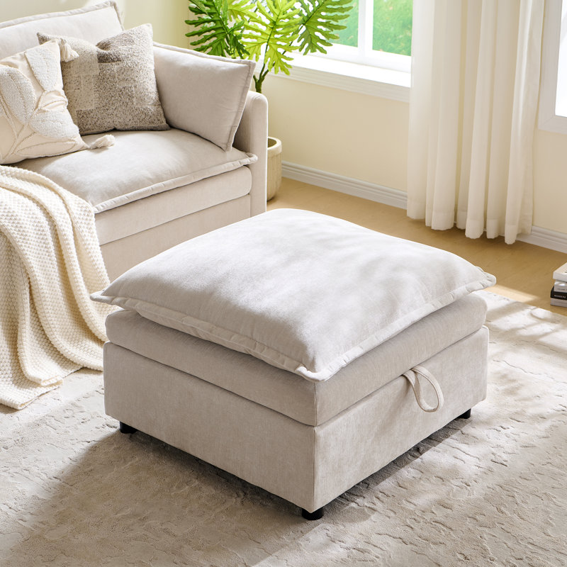 Carré moderne avec repose-pieds en chenille de 27,56 po de largeur avec rangement, module de repose-pieds pour canapé modulaire en chenille, blanc