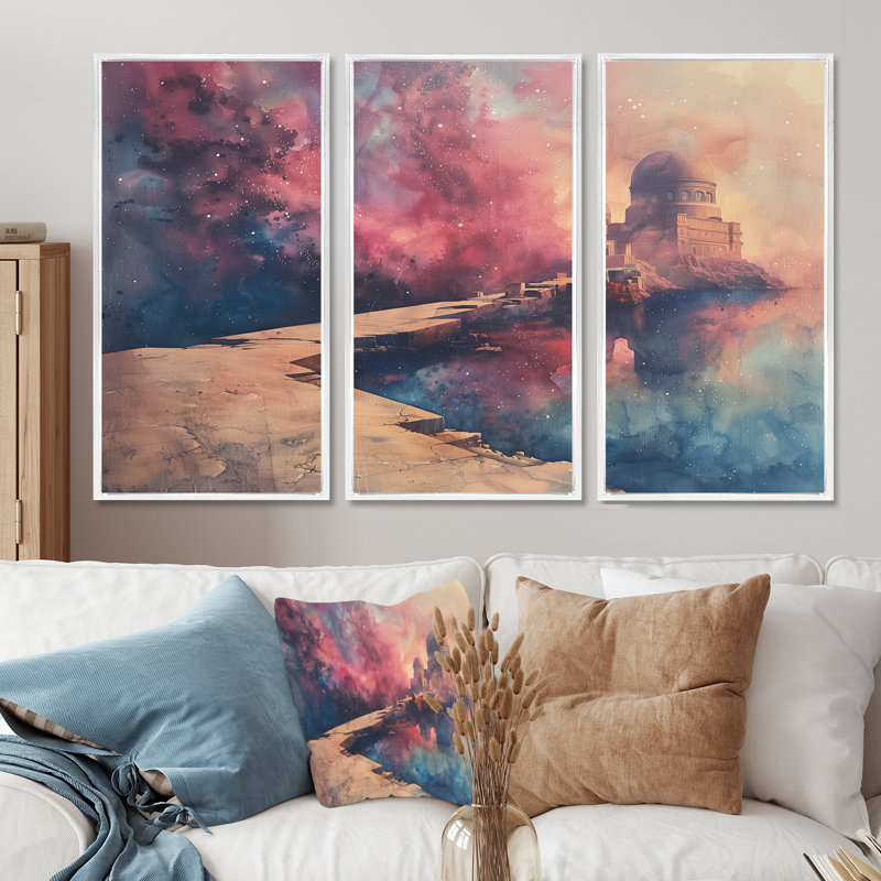 Rose, bleu, été, astral, observatoires I - ensemble d'art mural, H 32 po x l 48 po x P 1 po, Toile encadrée flottée blanche