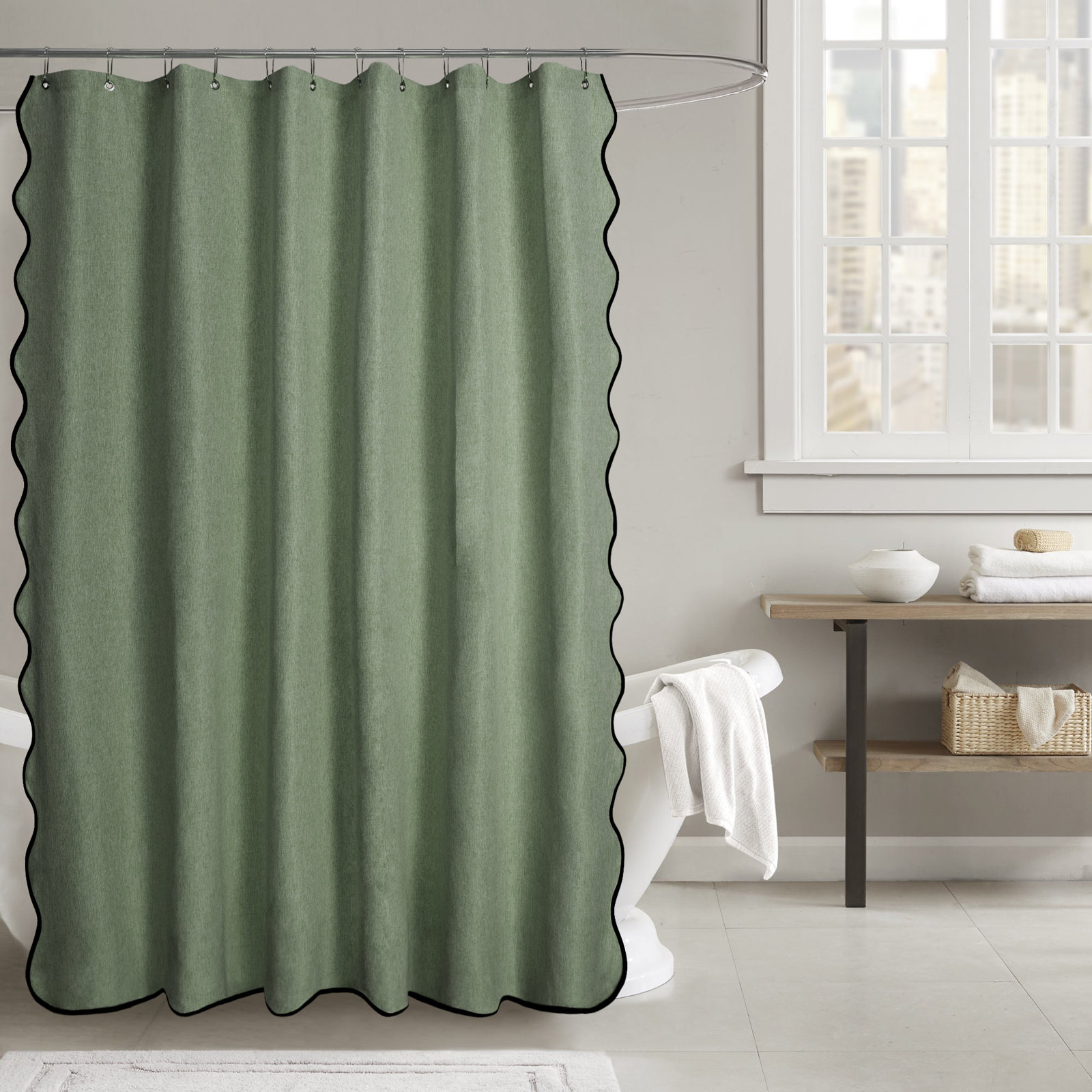 Farmhouse Linen Textured Scalloped Edge Shower Curtain, Sage, 72" H x 72" W