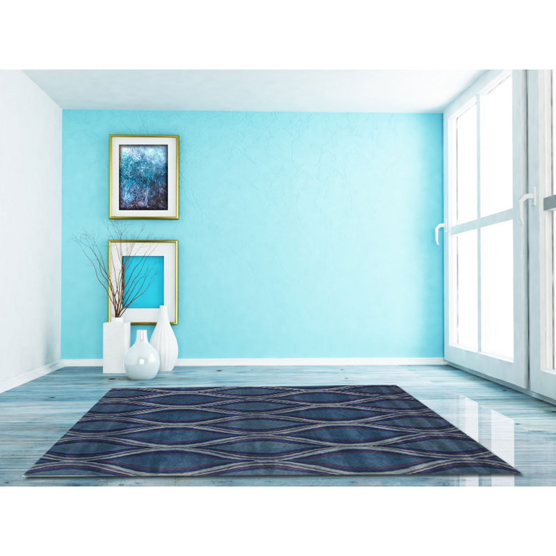 Tapis bleu en laine / soie touffeté à la main Barba, Rectangle 4 pi x 6 pi