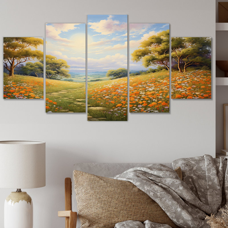 Fleurs orange et blanches, horizon doré, décoration murale florale, 5 panneaux