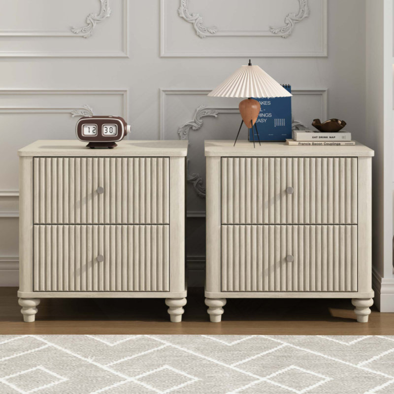 Fluted Nightstand 2-Piece Set, Side Table With 3 Drawers, Mid Century Modern Wood Nightstand With Metal Handle, Wooden Bedside End Table For Bedroom, Living Room, Closet