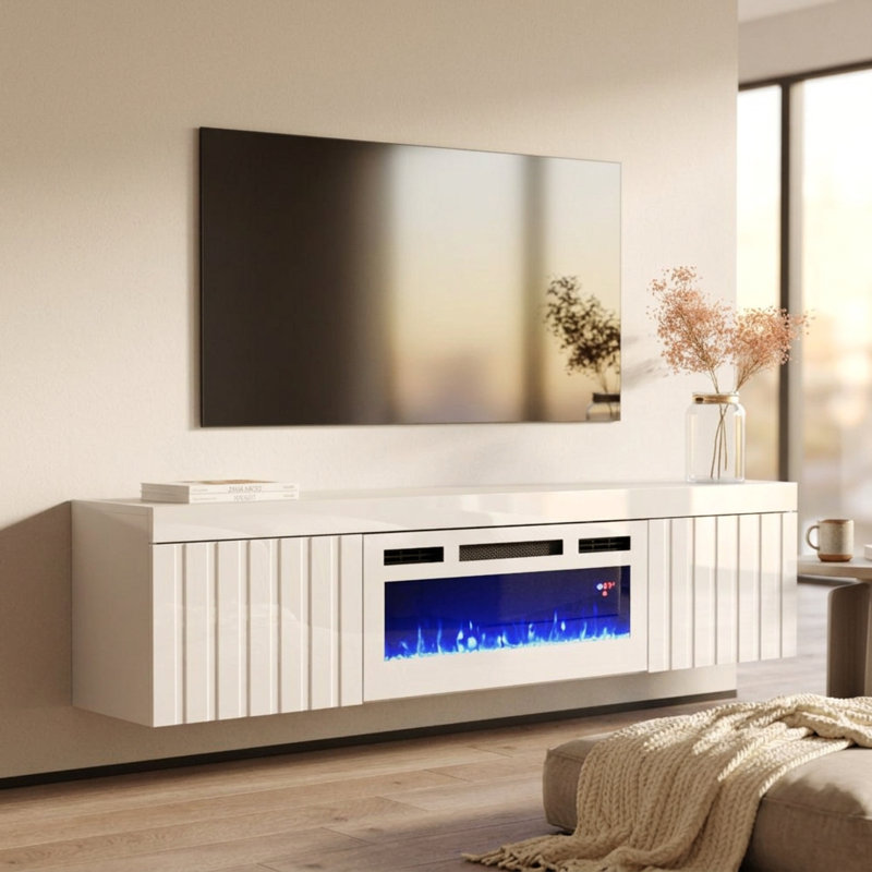 Meuble télé flottant avec foyer électrique 70,9 po, finition brillante, fixation murale, Blanc