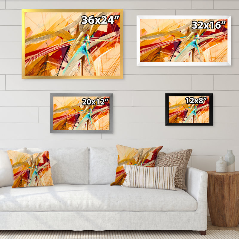 Brush Sunset Waves Impression II - Painting on Canvas, Gold Picture Framed, 12'' H x 20'' W x 1'' D