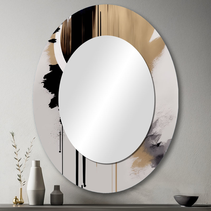 Black, White And Gold Expression III - Modern Oval Wall Mirror, 43" x 33"