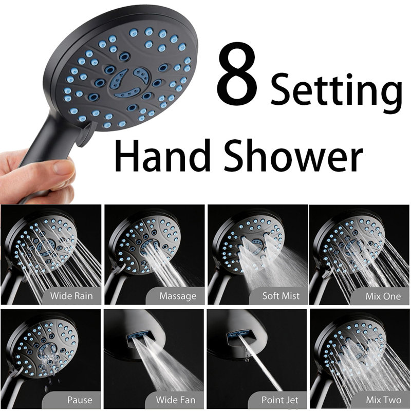 6-Setting 6" Shower Head, 8-Setting 5-Zone Hand Shower ,6 Ft Hose, 2.5 Gallons Per Minute, Black