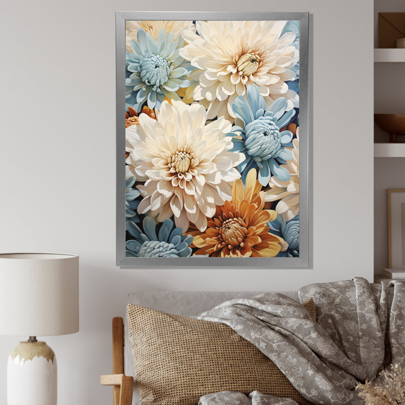 «Mums White and Blue Elegance III», reproduction sur toile, H 20 po x l 12 po x P 1 po, Cadre simple argenté